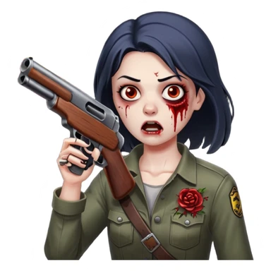Survivor firing shotgun at zombie, flying blood, intense expression, dark style, no background










 sticker