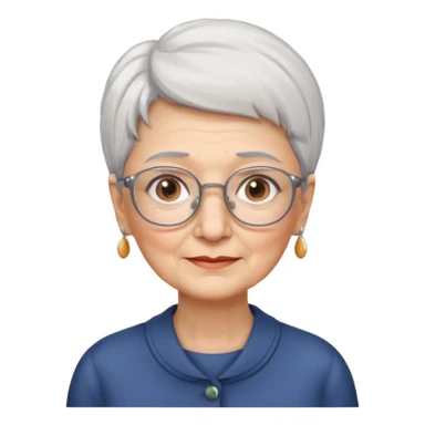 Create me emoji of an old lady. Short white hair to left side. Square glasses. Brown eyes. Rounded really big and long face. Wide nose sticker