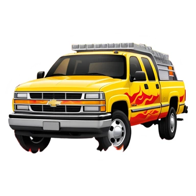 Yellow 1997 Chevrolet C-2500 Crew Cab with vibrant airbrushed red flame artwork flowing dramatically across hood and front, highly detailed fire pattern, Kill Bill movie vehicle, 30-degree view, iOS emoji style sticker