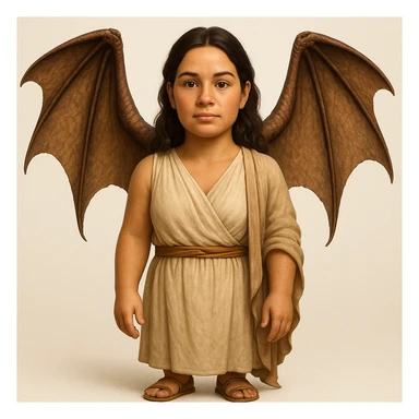 Make this woman hyperrealistic but still in emoji style, wearing an ancient ordinary outfit and realistic dragon wings. Blend hyperrealistic details with the simplicity of an emoji style for the overall look. sticker