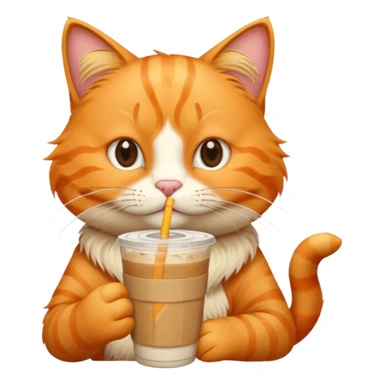 Gato naranja tomando café frio con un popote tomando el popote con sus patitas sticker