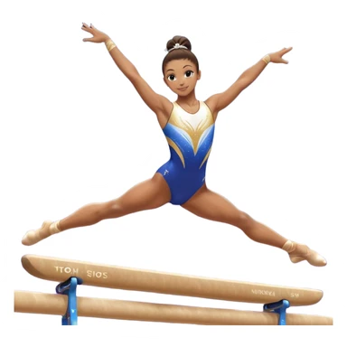 A gymnast performing a flawless routine on the balance beam, showcasing strength and grace. The scene captures the precise, elegant movement with perfect balance and form. The background features a gymnastics arena with vibrant lighting and cheering crowds, emphasizing athleticism and poise. sticker