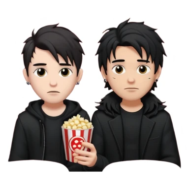 pale Goth boy with a bunch of face piercings, with shaggy dark brown hair, next to a tan skin gamer boy with long black hair , they are watching a movie in the theater together  sticker