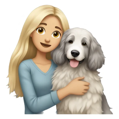 Girl blond long straight hair cuddling with mixed grey dog bernedoodle sticker