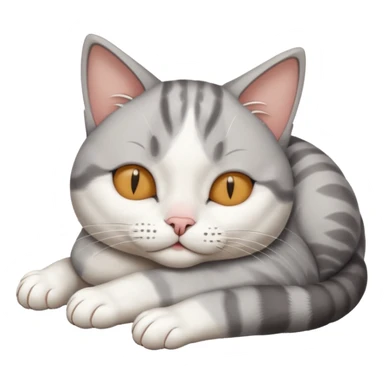 grey and white small cat with its eyes closed lying down with its paw holding up his head sticker