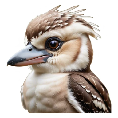 Cinematic Cute Kookaburra Portrait Emoji, Head tilted playfully and inquisitively, featuring a glossy brown plumage with subtle cream accents and a perky, expressive beak, round, sparkling eyes filled with curious mirth, Simplified yet irresistibly adorable features, highly detailed, glowing with a warm, friendly glow, high shine, affectionate and spirited, stylized with a touch of bushland whimsy, bright and endearing, soft glowing outline, capturing the essence of a mischievous yet loving kookaburra, so playful it feels like it could chuckle out of the screen into your arms! sticker