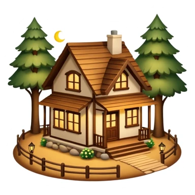 A cozy small house with warm lights coming from the windows, wooden details, surrounded by trees, peaceful atmosphere, soft lighting, charming and realistic
 sticker