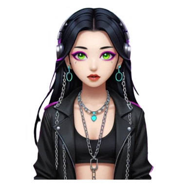  korean-techno-dj-girl,-wearing-a-stylish-edgy-outfit-with-metallic-chains,-long-black-hair,-performing-in-a-neon-lit-underground-club,-cyberpunk-aesthetic,-high-detail-3d-emoji-style,-energetic-and sticker