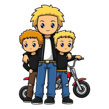 A super tall kid about 8/2 with blue eyes and blond hair baggy jeans with a moto shirt for the tall guy standing next to a 2,1 on a dirt bike with brown fluffy hair and green eyes and a black moto shirt they should be sanding next to each other sticker