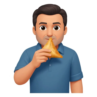 Handsome dark haired man in mid 40s eating a samosa sticker