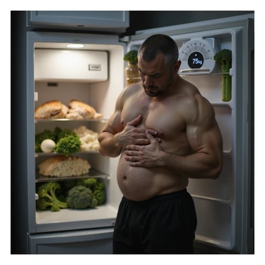hyperrealistic 4K image of a man in gym clothes clutching his bloated stomach with an expression of discomfort, standing next to a bathroom scale showing '75kg', gym and kitchen atmosphere, open fridge in the background full of chicken, rice, and broccoli sticker