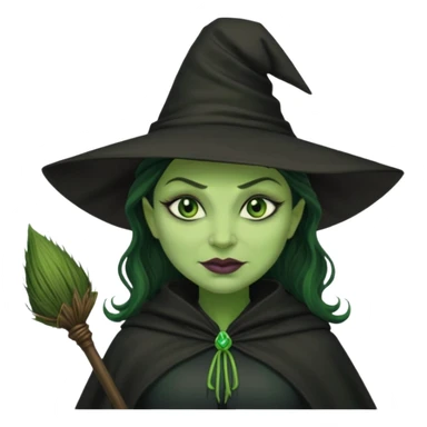 elphaba wicked witch with broom close up, evil dark coily long  hair, green skin, thick green lips, cheekbones, smirk evil menacing cythia erivo dark aesthetic black hat cloak  sticker
