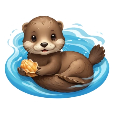 adorable otter floating on clearly visible blue water with waves, holding a shell sticker