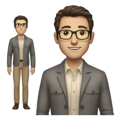 Full height Pale skinned Fit Man With dark brown hair in gray classic jacket, beige office shirt, Brown pants and vintage glasses. Thrumbs of his palms upwards sticker