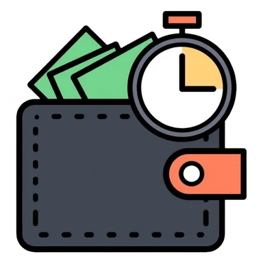 black wallet with dollars visible inside and a small clock in top right corner positioned over the wallet sticker