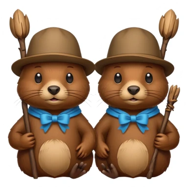 add a bow on the head of one beaver with another beaver without a bow on its head in a lodge of sticks and logs sticker
