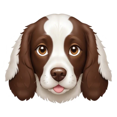 Cinematic Cute Springer Spaniel Portrait Emoji, Head tilted playfully and inquisitively, featuring a vibrant Fur of liver and white with a natural sheen, round, sparkling brown eyes filled with curiosity, Simplified yet irresistibly adorable features, highly detailed, glowing with a warm, friendly glow, high shine, affectionate and lively, stylized with a touch of whimsy, bright and endearing, soft glowing outline, capturing the essence of a mischievous yet loving pup, so playful it feels like it could frolic out of the screen and into your arms! sticker