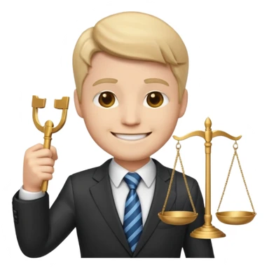 lawyer emoji, wearing suit and tie, holding scales of justice, neutral background sticker