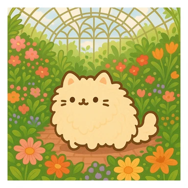 pusheen-style fluffy blonde kitten in a botanical garden greenhouse filled with flowers sticker