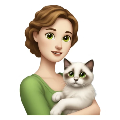 white woman with medium-length brown hair, green eyes and freckles on her nose, holding her birman kitten in her arms with much love, the baby cat has a lot of spots of dark on ears and middle of the face and blue eyes. sticker