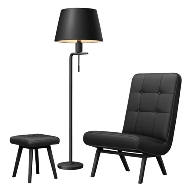 Minimalistic flat vector icon, iOS style, thin black contour on white background. Floor lamp and chair next to a framed picture on wall. Clean, no text, no shadows sticker