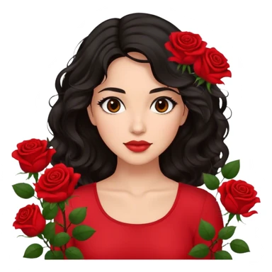 Brown eyes black wavy hair red top red roses background  sticker