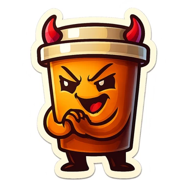 Tall coffee cup, devil horns, smirking, evil, rubbing hands together, laughing sticker