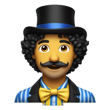 man with shoulder length black curly hair and mustache wearing yellow and blue striped shirt wearing a bit top hat all black sticker