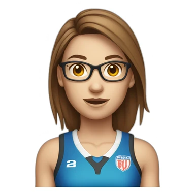 single caucasian female netballer with brown hair, glasses, skirt and ball sticker