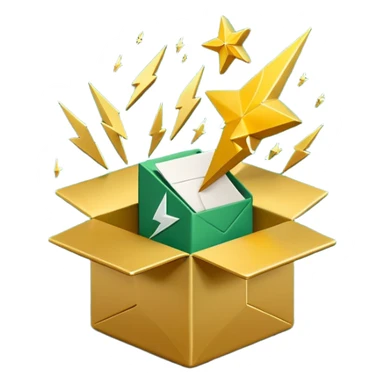 3D minimal open box with small floating icons coming out (envelope, lightning bolt, star), soft matte finish, deep green (#0B3D2C) box, gold (#C9B037) floating icons, Apple style, ultra clean and sleek, very soft ambient shadow, transparent background sticker