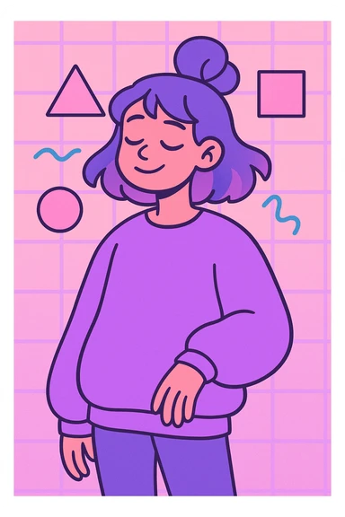 vaporwave chill girl, oversized sweater, geometric shapes, purple and pink tones, relaxed expression sticker