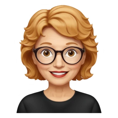 woman 70 years old, very short strawberry blonde weavy hair, brown eyes and round dark glasses smile sticker