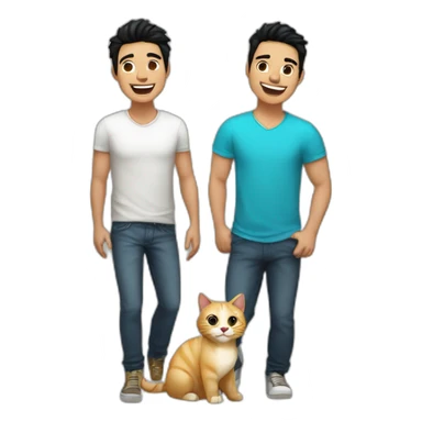 Gay couple, 1 guy Latino black hair and 1 Australian guy blonde hair with a cat laughing full body sticker