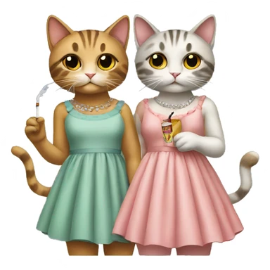 Two kitties wearing dresses holding a cigarette sticker