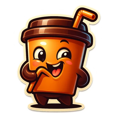 Tall coffee cup, amused, giggling, mischievous, drinking coffee with straw, looking sideways sticker
