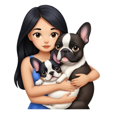 A beautiful girl with long black hair hugs a French bulldog sticker