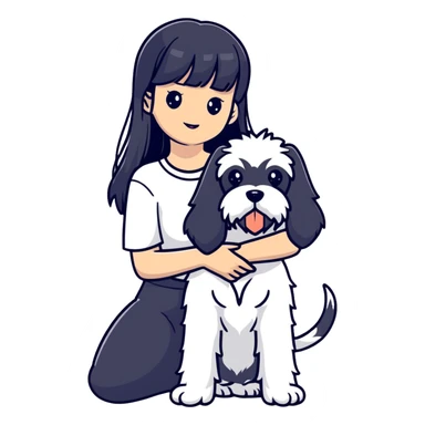 Girl with long black hair and bangs holding a white schnauzer dog sticker