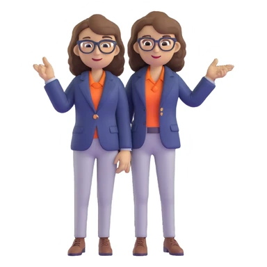 Economics professional mascot character with shoulder-length wavy brown hair, stylish glasses, navy blazer, pointing at economic symbols, full body view sticker