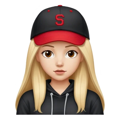 White girl with long straight blonde hair with a middle part wearing a black baggy hoodie with a red baseball cap on. Make hoodie black with no strings on it  sticker