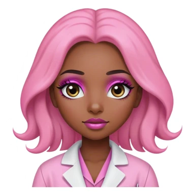 Black girl with long  hair is a scientist with pink lab coat and long eyelashes and has makeup on with short eyes sticker