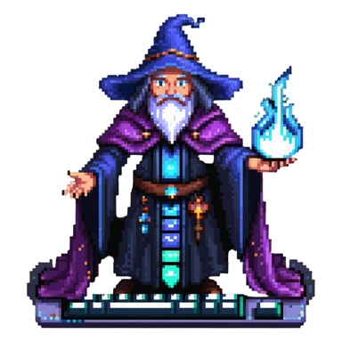powerful wizard coding on a glowing magical keyboard, no laptop, mystical aura surrounding him, confident expression, looks like the ultimate boss of coding, wearing impressive dark robe sticker