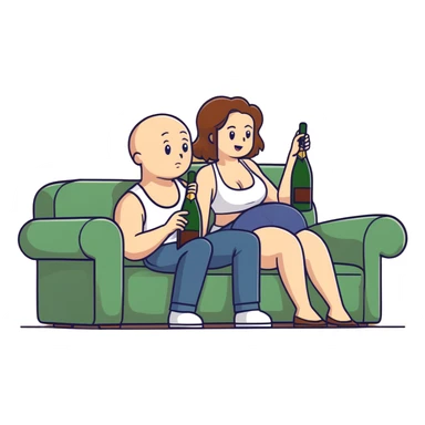 A bald man sitting on a couch. One Caucasian woman with brown hair, big boobs, wearing pants and a tank top, kneeling on the ground. Champagne bottle exploded. sticker