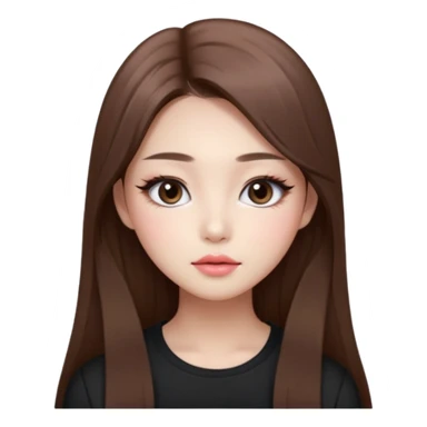 “korean straight long brown hair Emoji girl, soft eyeliner and blush, gradient lips, light brown shimmer eyeshadow sticker