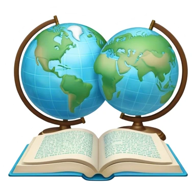 Create an emoji representing language translation. The design should feature just one globe in the background, symbolizing international communication. In front of the globe, place two opened books with texts on them and a pen nearby to indicate the act of writing. Use a clean and professional color palette with blues, greens, and neutral tones. Make the background transparent. sticker