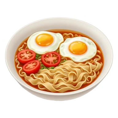 Spicy bowl of noodles with fried eggs and two pieces of tomatoes  sticker