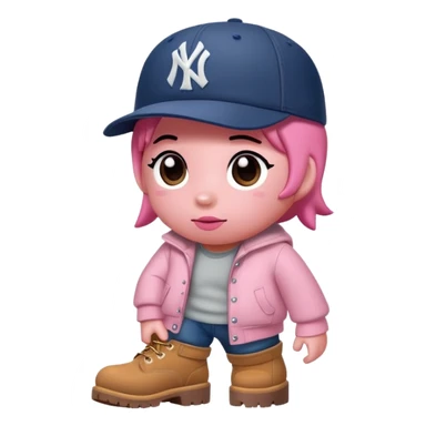 Kirby the cartoon character with timberland boots and a new york Yankee cap sticker