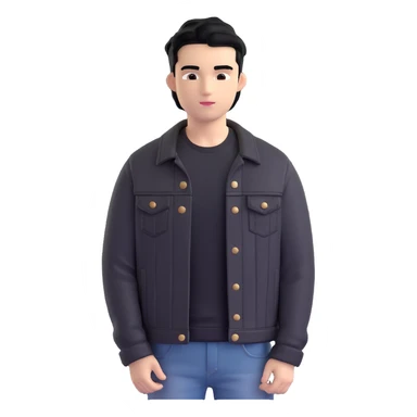 3D emoji Microsoft style, young man with black hair, wearing black t-shirt and black denim jacket, based on photo reference, slight shadow on face sticker