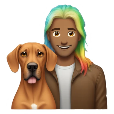 white male with long rainbow colored hair alongside a brown rhodesian ridgeback sticker
