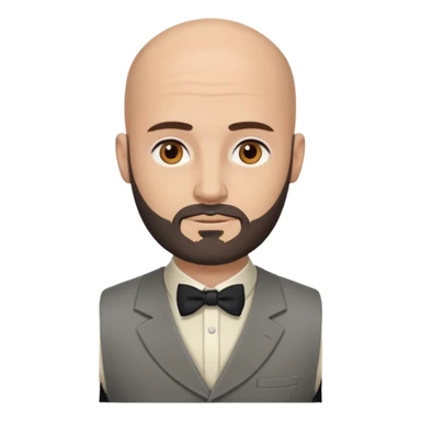 bald headed brown eyes groom with dark beard cream shirt grey vest sticker