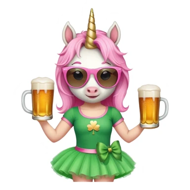friendly anthropomorphised female unicorn with horse-like face, in tutu and pink t-shirt, wearing dark sunglasses, celebrating St. Patrick's Day sticker